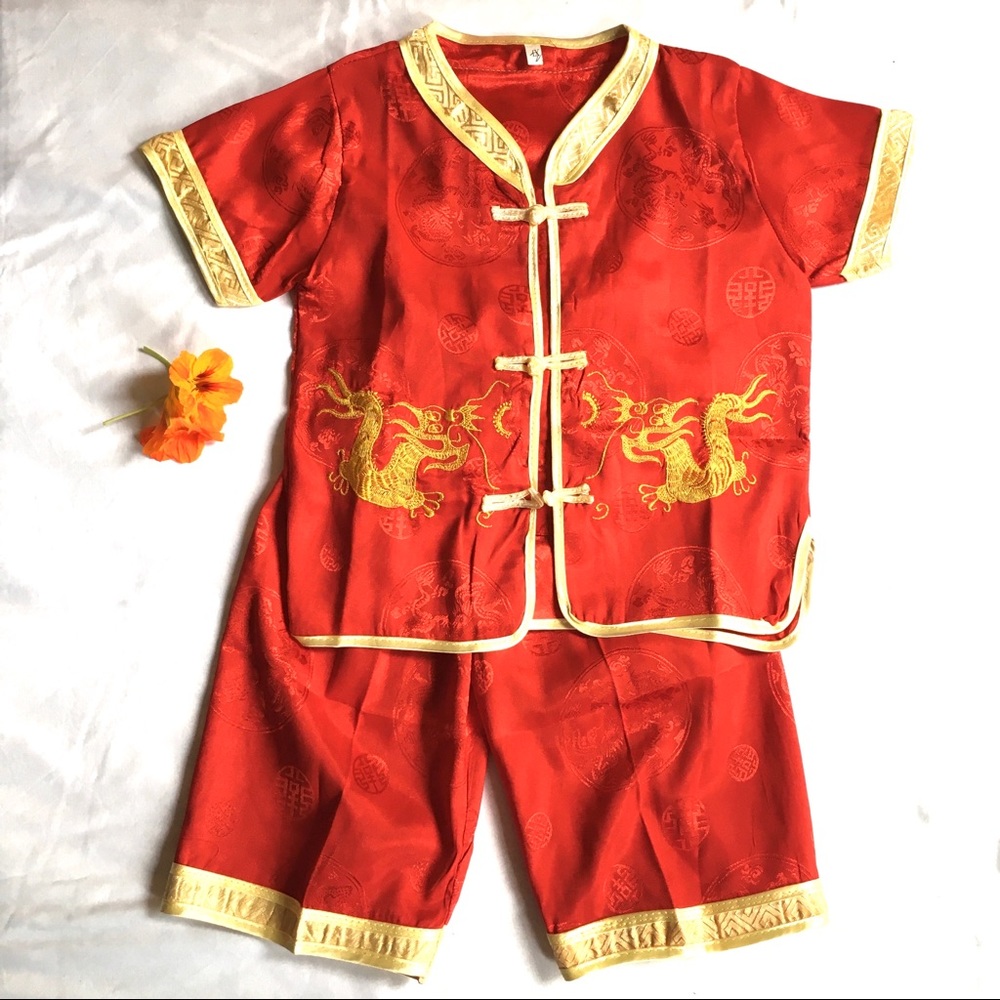 Beautiful red satin outfit from Singapore. Unisex.
